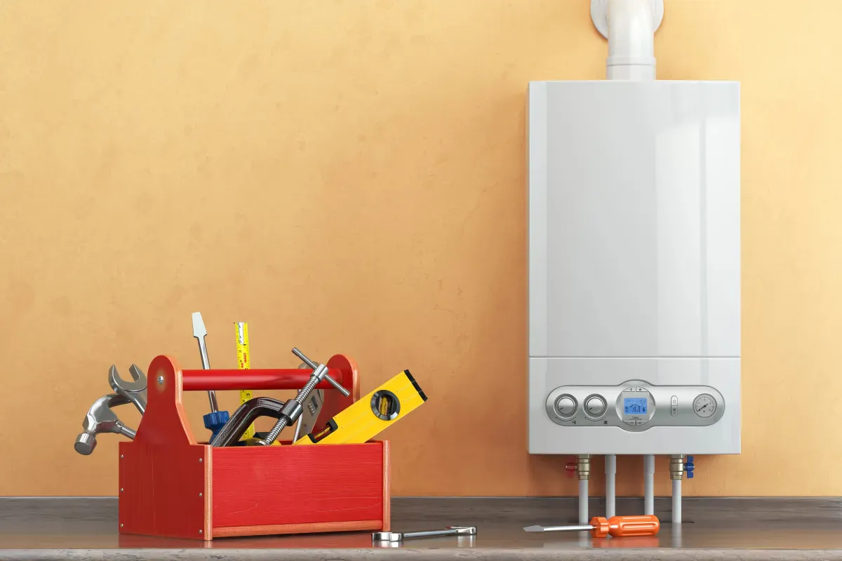 Outils et pièces utilisés pour réparer une chaudière en panne
